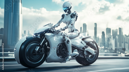 A woman cyborg biker riding a sleek, futuristic motorbike. The robot girl sits on a white sport motorcycle, speeding down the road in a sci-fi cyberpunk cityscape. The cool female biker and her advanc photo