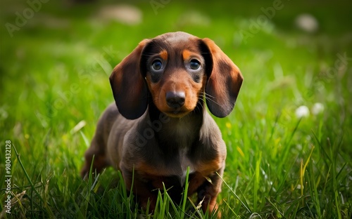 Cute Red Dachshund Puppy in Spring Field with Heterochromia, Captivating Portrait of Dog with Different Colored Eyes, Playful Outdoor Scene, Photo