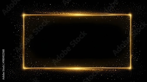 Radiant gold sparkle frame on black background. Magical glowing effect. Golden shimmer. Abstract brightness in dark space. Elegant flare. Shining with luxury and glamour

