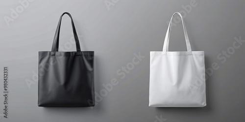 Isolated white and black tote bags with empty space for design, mockup, or branding, placed on a clean grey background, perfect for e-commerce and advertising.