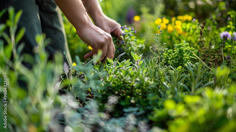 Outdoor Medicinal Herb Garden with Person Harvesting Fresh Holistic Botanicals Outdoor Medicinal Herb Garden with Person Harvesting Fresh Holistic Botanicals