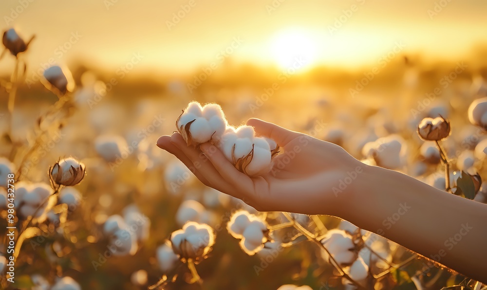 Hand holding cotton bolls in a field at sunset. Hand holding cotton bolls in a field at sunset.