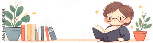 A girl is reading a book in front of a shelf full of books. The girl is wearing glasses and is sitting on the floor