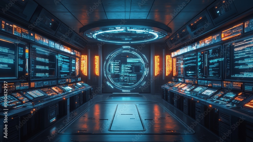 A high-tech circular server room with glowing interfaces, data streams moving between machines like electrical currents, creating a cyberpunk atmosphere A high-tech circular server room with glowing interfaces, data streams moving between machines like electrical currents, creating a cyberpunk atmosphere