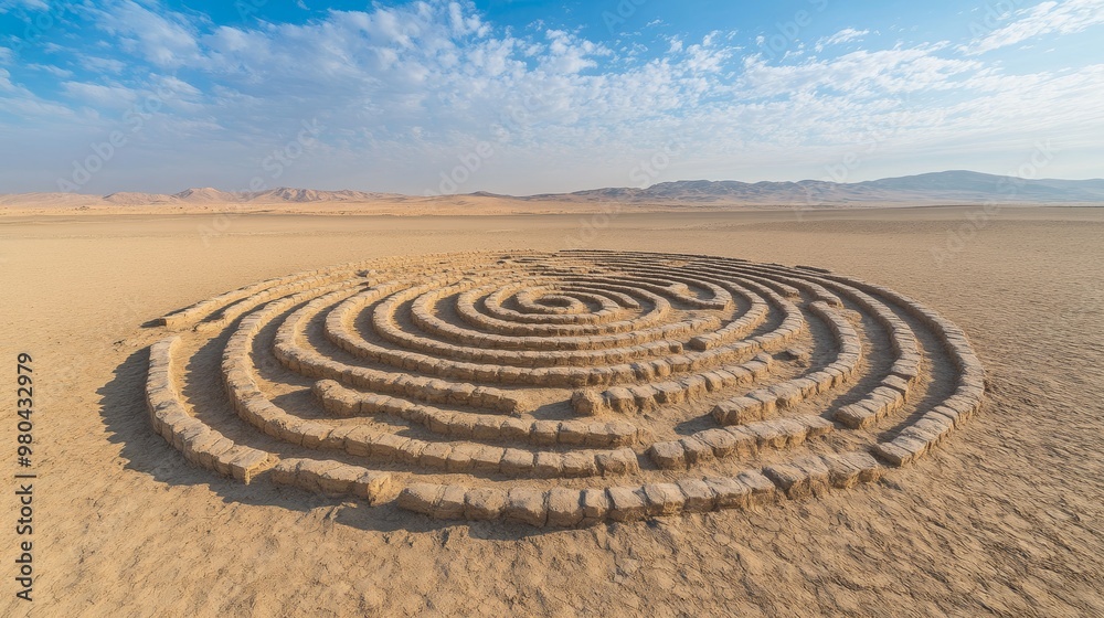 A labyrinth crafted from shifting sand dunes, symbolizing the elusive journey of enlightenment, surrounded by windswept desert landscape A labyrinth crafted from shifting sand dunes, symbolizing the elusive journey of enlightenment, surrounded by windswept desert landscape