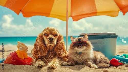 Cocker Spaniel and Persian cat relaxing under  beach umbrella