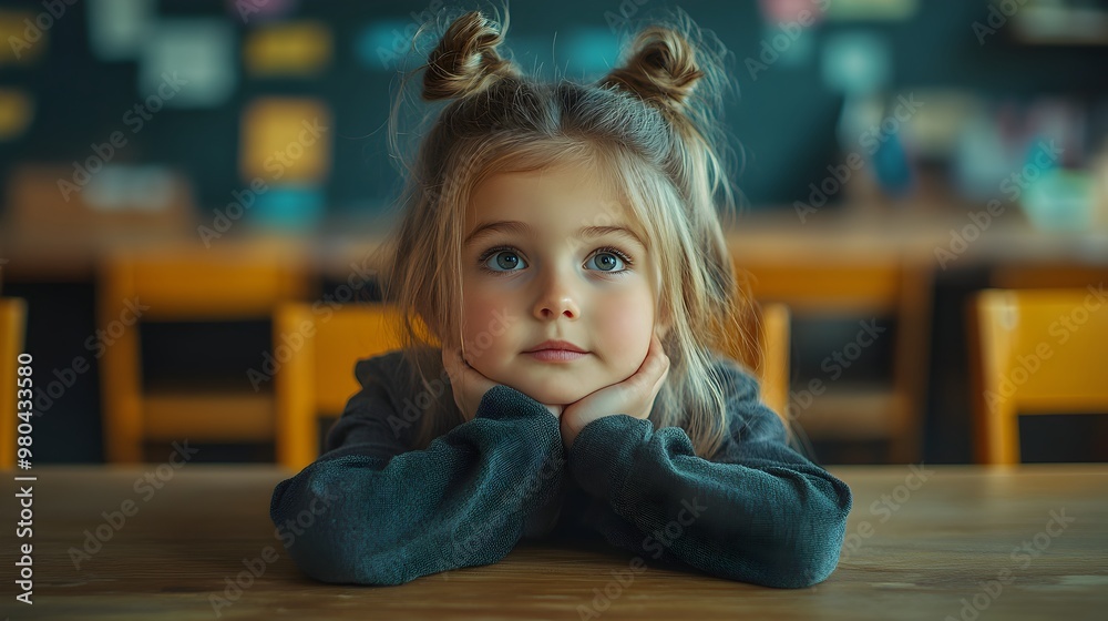 Thoughtful Young Schoolgirl Sitting at Classroom Table with Hands Resting on Surface Thoughtful Young Schoolgirl Sitting at Classroom Table with Hands Resting on Surface