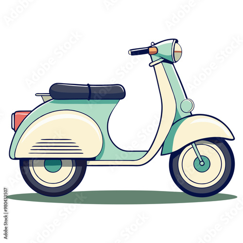 Hand-drawn illustration of a cute vintage scooter in a classic flat style, depicted from a side view. The scooter is a cool color and resembles a Vespa.