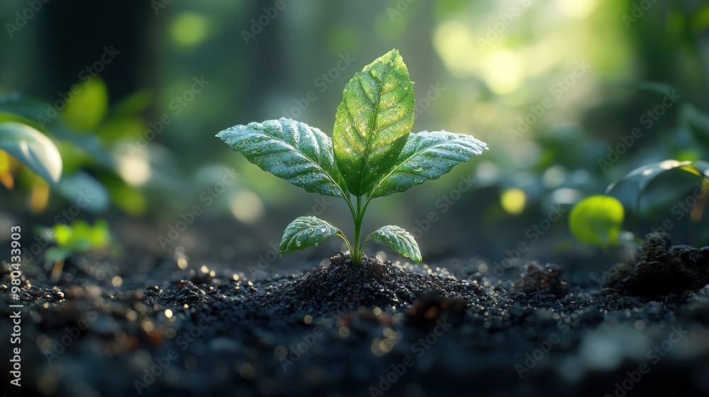 Green Sprout Growing in Soil with Sunlight Green Sprout Growing in Soil with Sunlight
