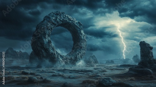 A stone-carved ouroboros, worn by time, placed in an ancient temple under a stormy sky, lightning flashing in the distance