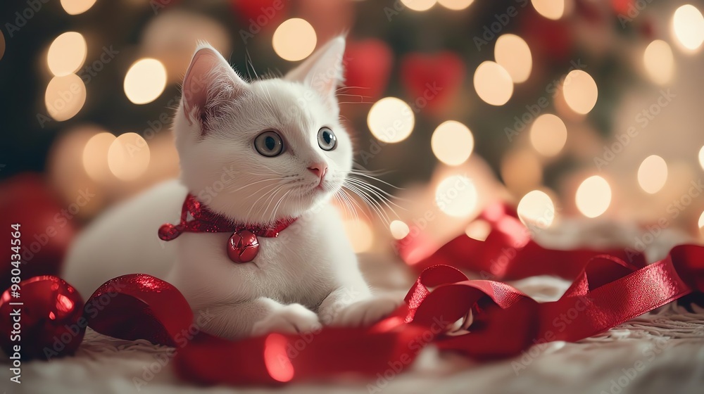 Adorable white kitten with red collar lying among festive holiday ribbons and bokeh lights, capturing the spirit of Christmas celebrations.