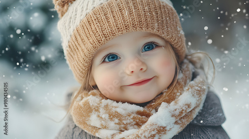 Cute little baby girl smiling wearing woolen cap and scarf and winter clothes with snow day in winter. Playing outside on Christmas holiday advertising style images