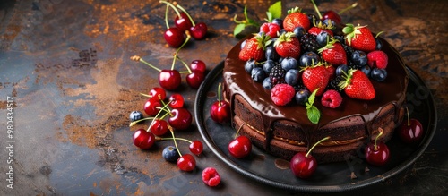 Chocolate cake with rich chocolate drippings and fresh strawberries