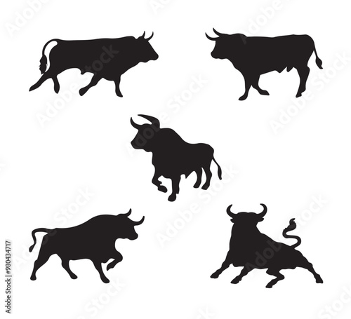 Collection of bull silhouettes in charging poses