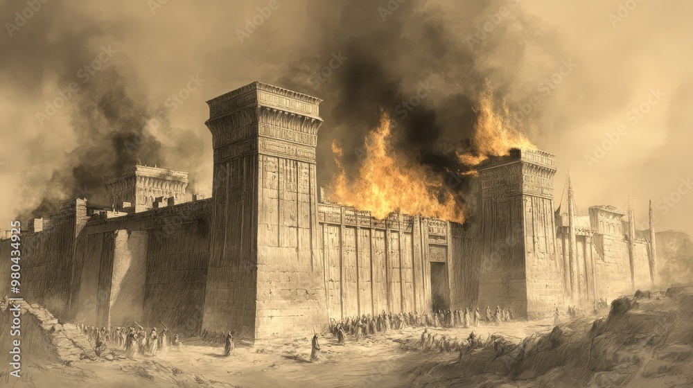 Fototapeta premium The Burning of the Temple: Babylonian Forces Set Fire to Jerusalem’s Sacred Place, Marking the End of an Era, Biblical Illustration, Beige Background