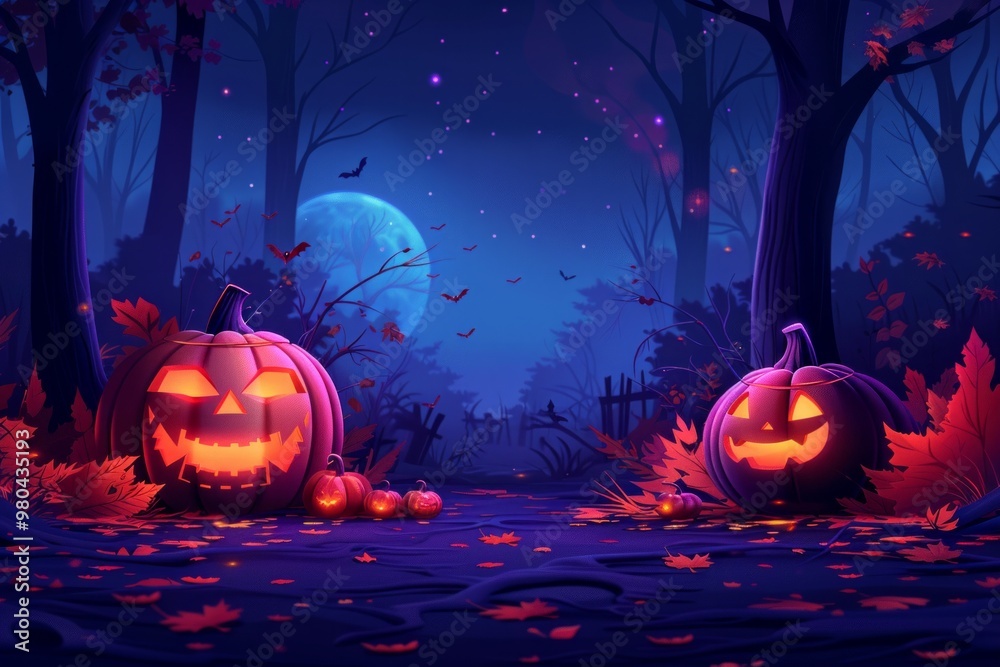 Jack-o-lanterns glow in a dark forest with red leaves and a full moon. AI generative. . Jack-o-lanterns glow in a dark forest with red leaves and a full moon. AI generative. .