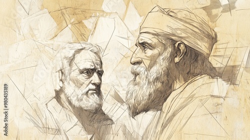 Jotham Reflects on Uzziah’s Legacy in 2 Chronicles, Determined to Avoid the Pride That Led to His Father’s Downfall, Biblical Illustration for Faith-Based Reflection, Beige Background photo