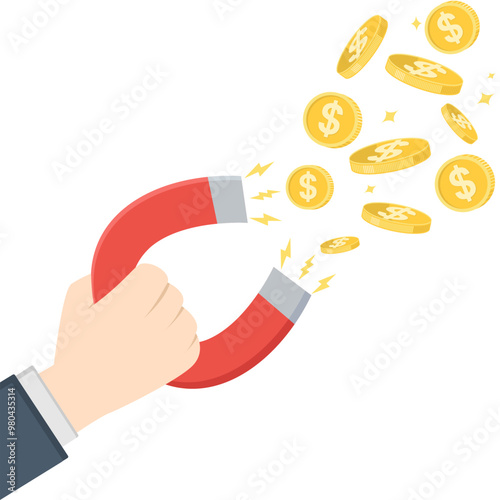 Hand holding horseshoe magnet to attract gold coins vector illustrations