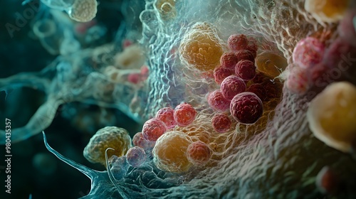 Close-up of a microscope slide featuring cells and tissues affected by illness, with dramatic, directional lighting highlighting abnormalities, hyper-realistic style emphasizing intricate textures