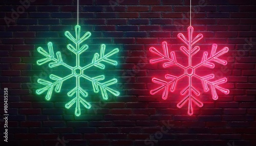 neon chirsmas symbols on brick wall  photo