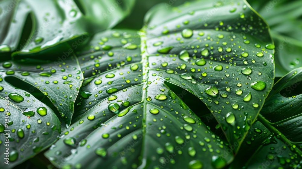 Close up of green leaves with water droplets. AI generative. .