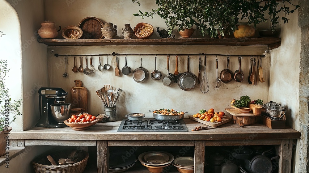 Rustic Kitchen with Hanging Pots, Cookware, and a Stovetop Rustic Kitchen with Hanging Pots, Cookware, and a Stovetop