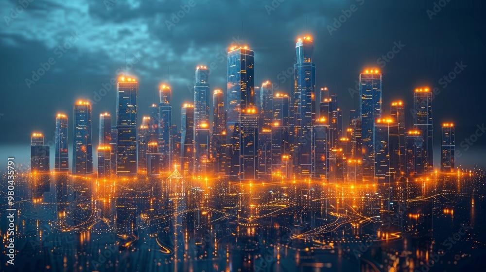 A cityscape with tall skyscrapers glowing with warm lights and reflecting in a dark blue water below. AI generative. . A cityscape with tall skyscrapers glowing with warm lights and reflecting in a dark blue water below. AI generative. .