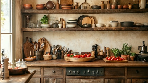 Wallpaper Mural Rustic Kitchen Counter with Tomatoes, Utensils, and Wooden Shelves Torontodigital.ca