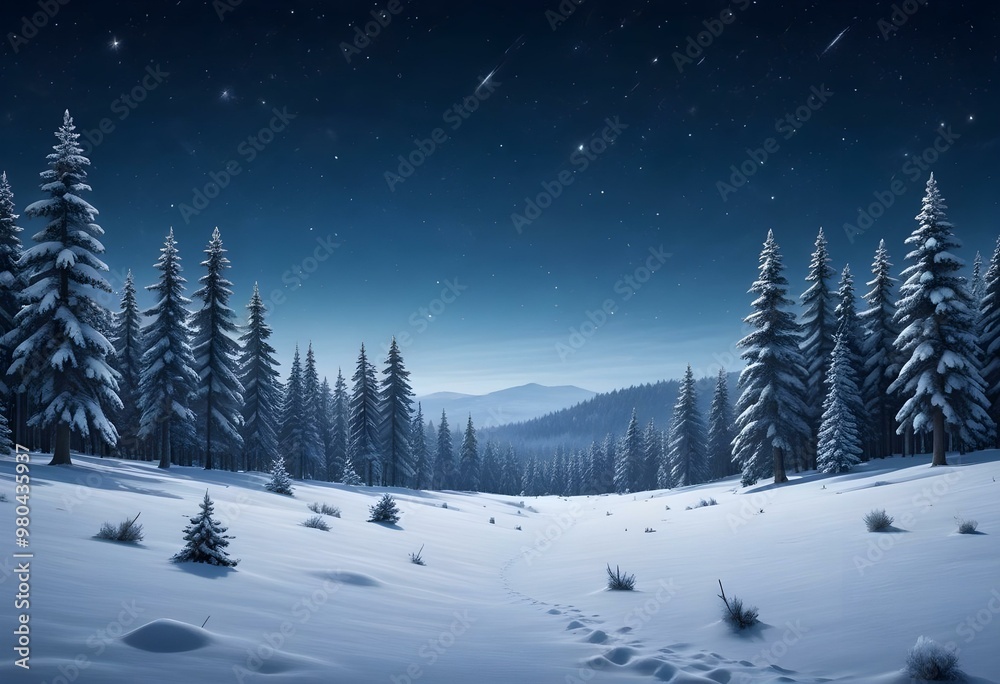 A snowy winter landscape with a forest of pine trees covered in snow under a starry night sky. The foreground is a vast expanse of snow-covered ground. A snowy winter landscape with a forest of pine trees covered in snow under a starry night sky. The foreground is a vast expanse of snow-covered ground.