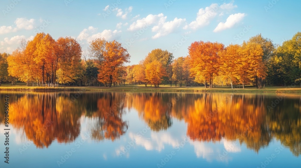 Vibrant autumn foliage in shades of orange and yellow surrounds a serene lake. The colorful trees beautifully reflect on the calm water under a bright blue sky filled with fluffy clouds. Vibrant autumn foliage in shades of orange and yellow surrounds a serene lake. The colorful trees beautifully reflect on the calm water under a bright blue sky filled with fluffy clouds.