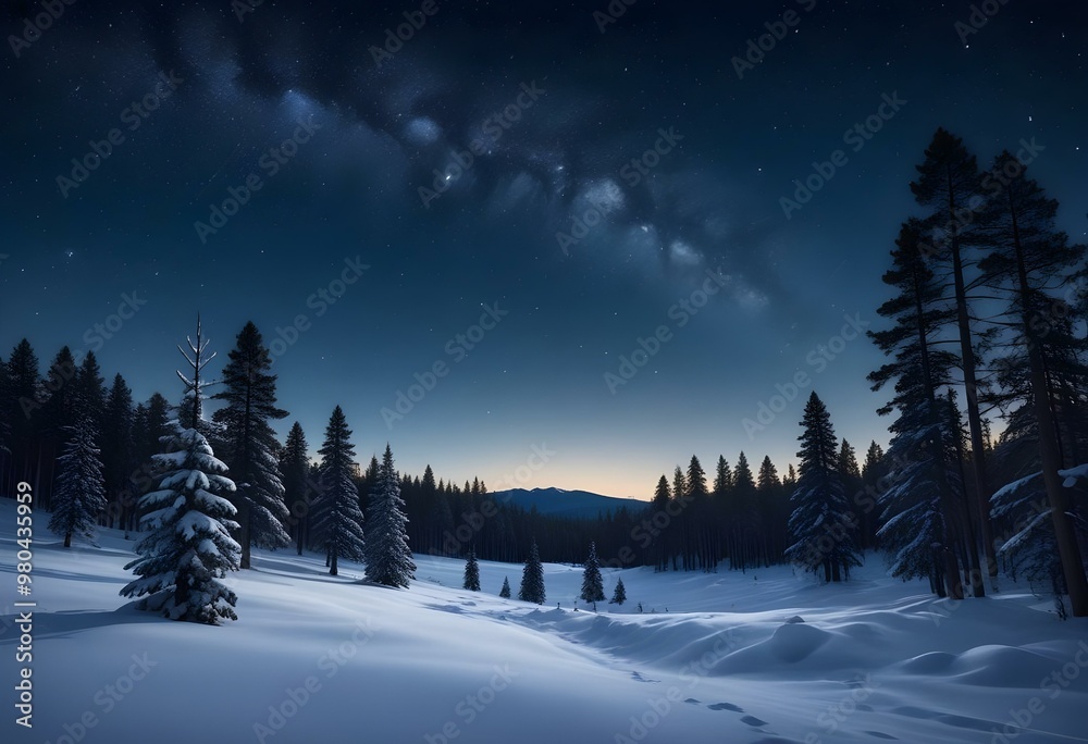A snowy winter landscape with a forest of pine trees covered in snow under a starry night sky. The foreground is a vast expanse of snow-covered ground. A snowy winter landscape with a forest of pine trees covered in snow under a starry night sky. The foreground is a vast expanse of snow-covered ground.