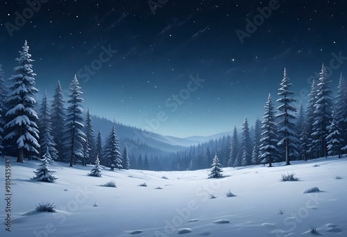 A snowy winter landscape with a forest of pine trees covered in snow under a starry night sky. The foreground is a vast expanse of snow-covered ground.