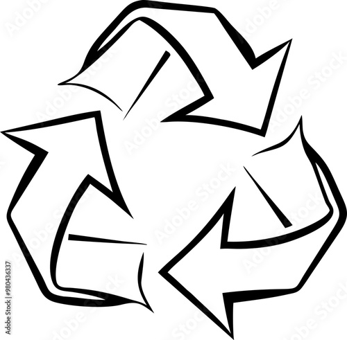 A black and white drawing of a recycling symbol