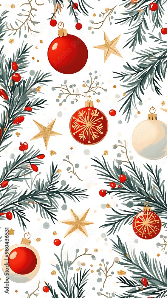 A traditional Christmas pattern with red and gold baubles, evergreen branches, and stars, ideal for festive fabric prints or wallpaper backgrounds. Isolated on a soft white background. A traditional Christmas pattern with red and gold baubles, evergreen branches, and stars, ideal for festive fabric prints or wallpaper backgrounds. Isolated on a soft white background.