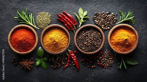 A colorful array of spices and herbs. Colorful spices, nuts, seeds, dried fruits, and herbal flowers. Seasoning spices background. Culinary traditions. Spices for cooking. Natural ingredients. Healthy