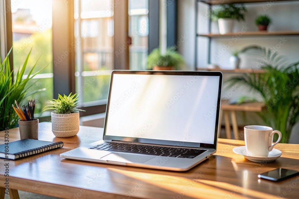 Mockup of a laptop with a blank white screen, placed on a home office desk, suitable for displaying websites or designs.