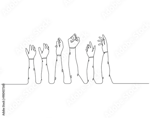 Continuous one line drawing of human rights day. One line drawing illustration of raise hands. International human rights day concept line art. Editable outline