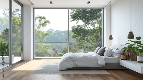 A modern bedroom with a white bed, wood floors, and large windows overlooking a lush green landscape.