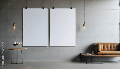 Modern living room with blank posters.
