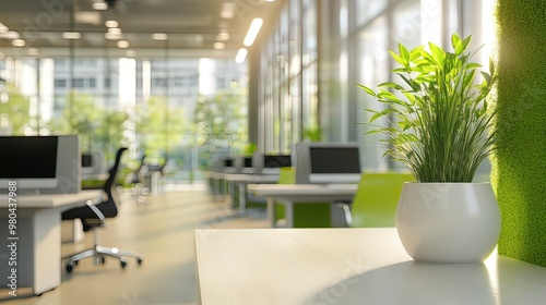 Modern Office with Green Plant and Sunlight