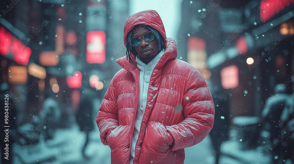 Stylish african american man in a red puffer jacket and sunglasses walking confidently through a snowy urban street at night Stylish african american man in a red puffer jacket and sunglasses walking confidently through a snowy urban street at night