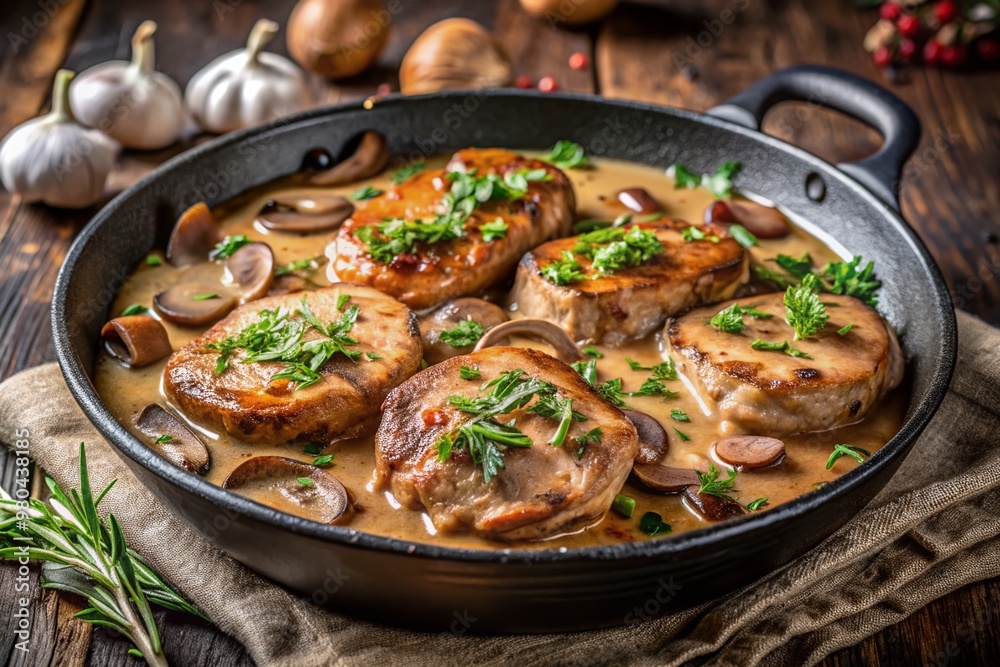 Juicy pork medallions smothered in rich mushroom gravy, served sizzling in a rustic cast iron pan, set against a dark stone background, evoking warmth and comfort. Juicy pork medallions smothered in rich mushroom gravy, served sizzling in a rustic cast iron pan, set against a dark stone background, evoking warmth and comfort.