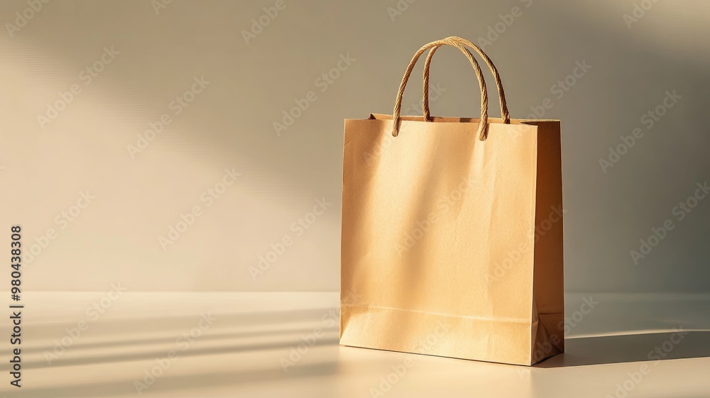 Shopping paper bag on a minimalistic background, standing tall with its handles casting gentle shadows. No logo, no people. Shopping paper bag on a minimalistic background, standing tall with its handles casting gentle shadows. No logo, no people.