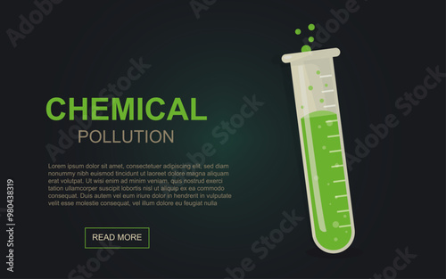 Chemical Pollution Concept with Green Liquid in Test Tube on Dark Background. Hazardous substances banner vector illustration
