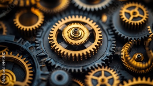 Gears in a circular pattern resembling a clockwork mechanism, symbolizing synchronized teamwork, with subtle gold highlights photo