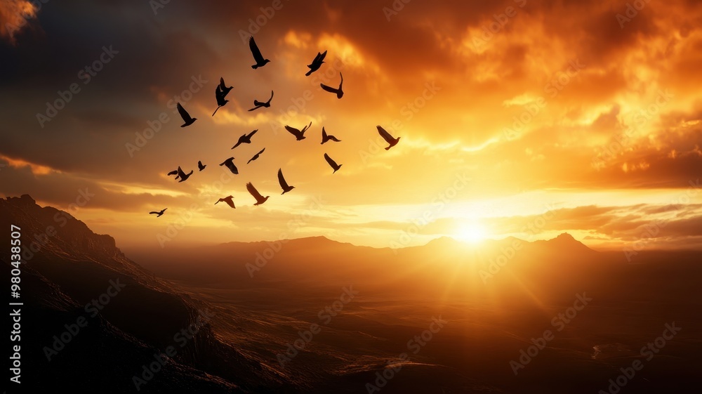 Fototapeta premium Sunset over mountains with soaring birds, casting a warm glow in the sky, creating a serene and picturesque landscape.