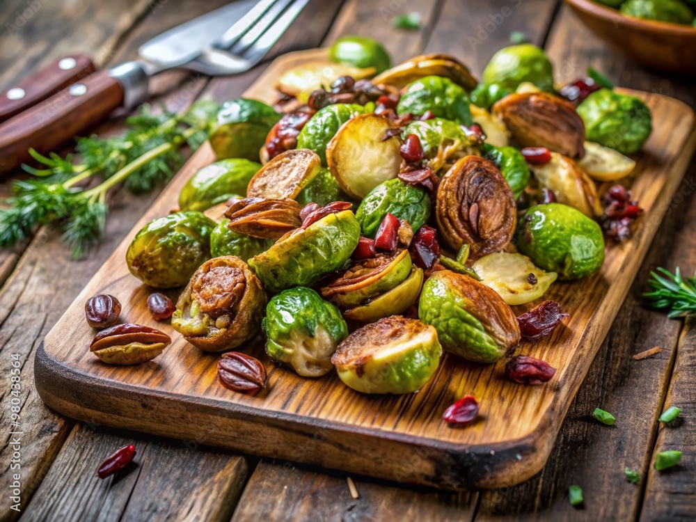 Golden honey balsamic roasted Brussels sprouts scattered with toasted pecans and fresh thyme, arranged artfully on a rustic wooden cutting board, evoking autumnal warmth. Golden honey balsamic roasted Brussels sprouts scattered with toasted pecans and fresh thyme, arranged artfully on a rustic wooden cutting board, evoking autumnal warmth.