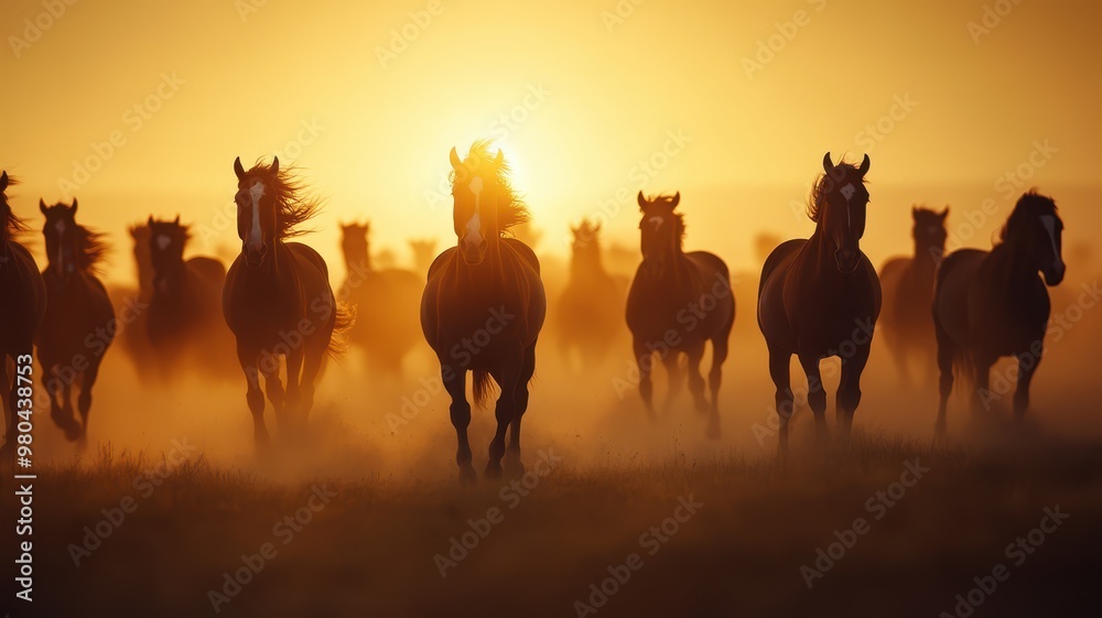 Fototapeta premium A majestic herd of horses thunders across an open field, silhouetted against a vibrant sunset, creating a breathtaking scene of freedom and power.