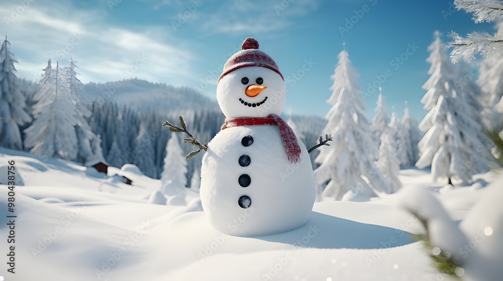 Obraz premium A SNOWY LANDSCAPE WITH A SNOWMAN 1