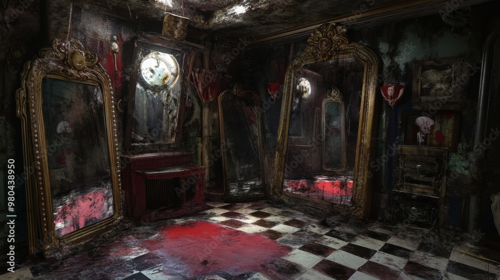 An abandoned room reveals multiple ornate mirrors reflecting a dark, unsettling ambiance filled with decay and red stains on the floor. The haunting presence of shadows creates a chilling effect. An abandoned room reveals multiple ornate mirrors reflecting a dark, unsettling ambiance filled with decay and red stains on the floor. The haunting presence of shadows creates a chilling effect.